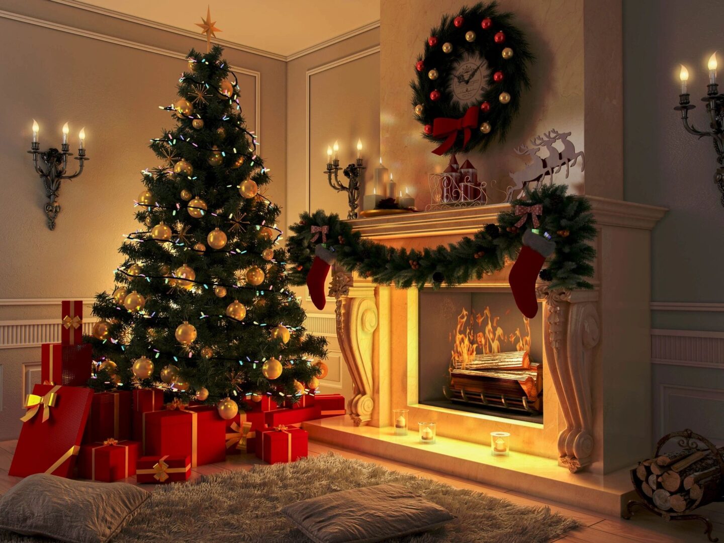 A huge Christmas tree near the fireplace